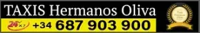 Business card for Taxis Hermanos Oliva, featuring the company name, a 24/7 icon, and the phone number +34 687 903 900.