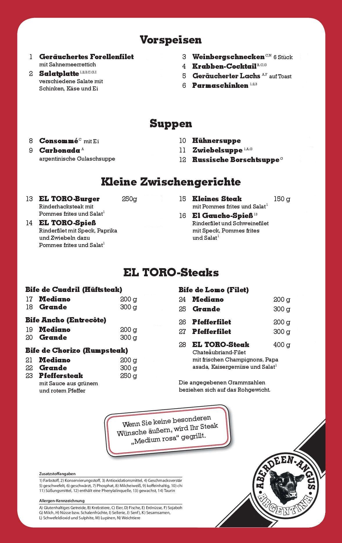 El Toro | Bochum | Steakhaus | Speisekarte Deutsch