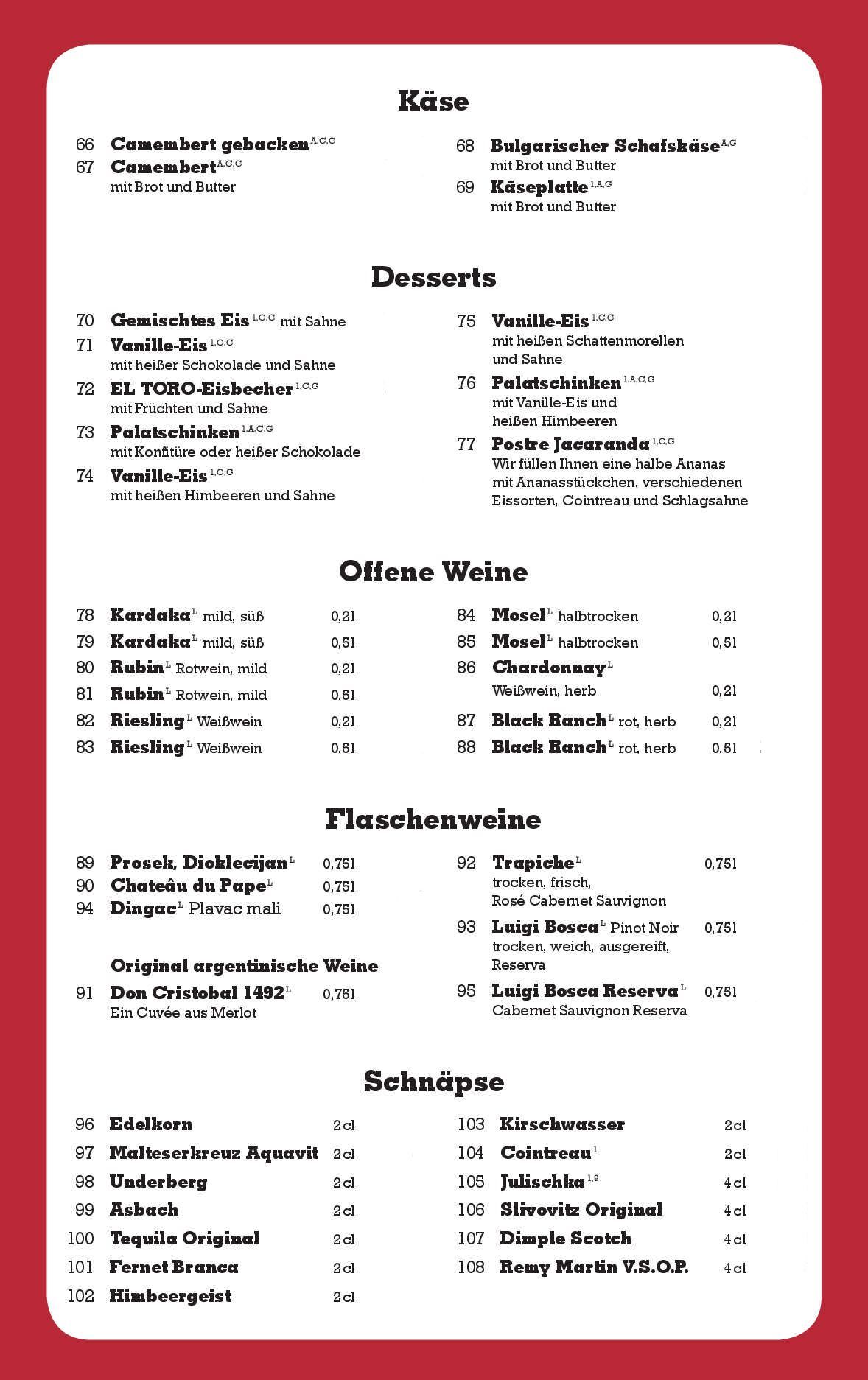 El Toro | Bochum | Steakhaus | Speisekarte Deutsch