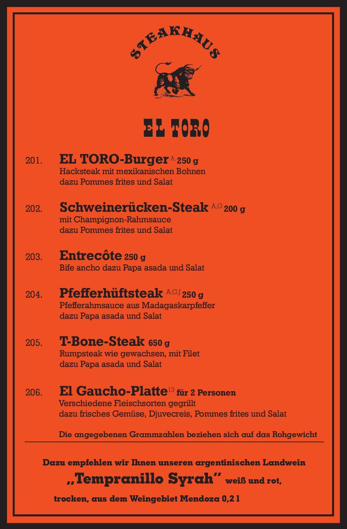El Toro | Bochum | Steakhaus | Speisekarte Deutsch
