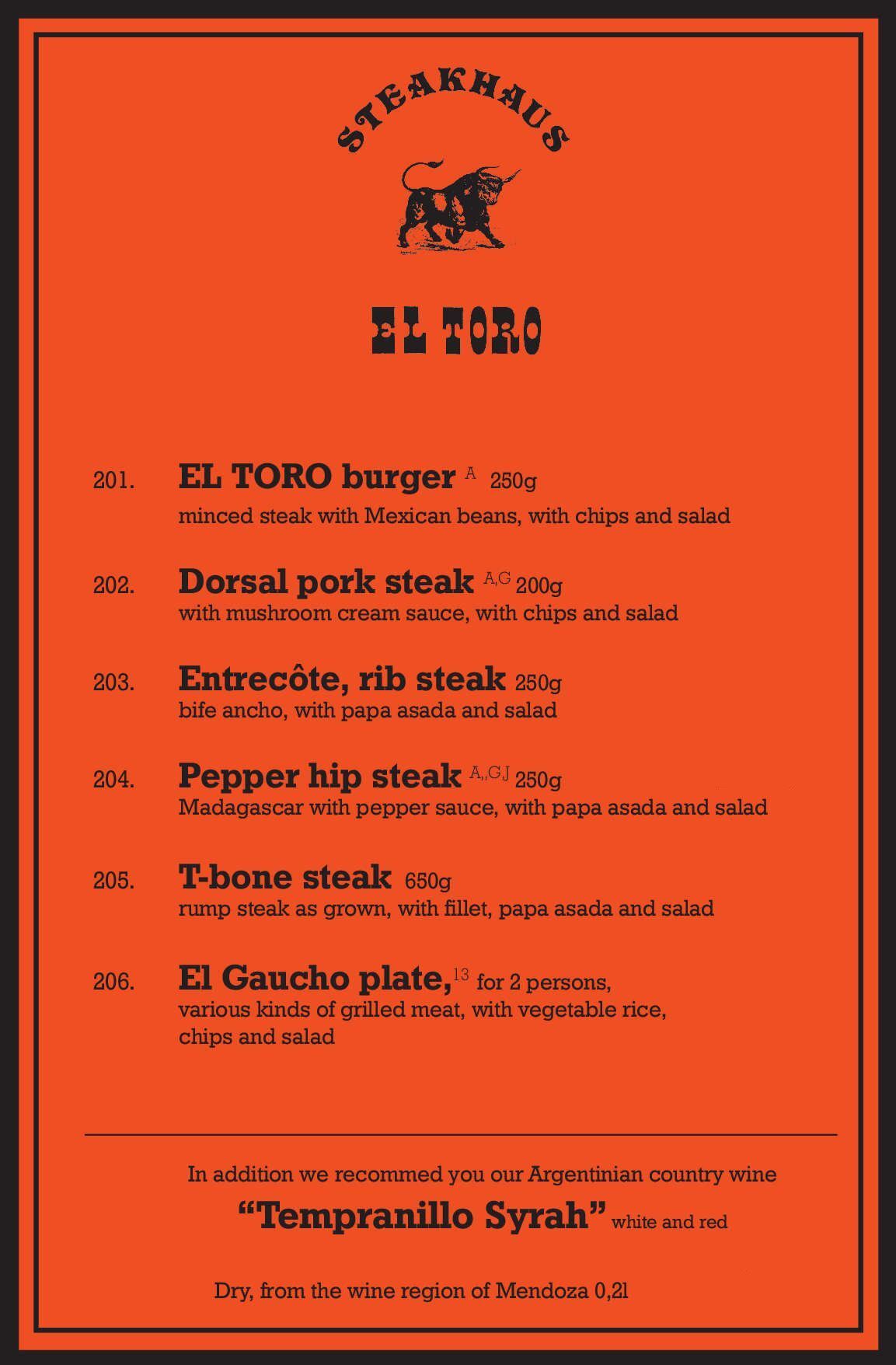 El Toro | Bochum | Steakhaus | Speisekarte Deutsch