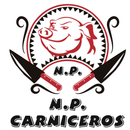 Un logotipo para NP Carniceros con un cerdo y cuchillos.