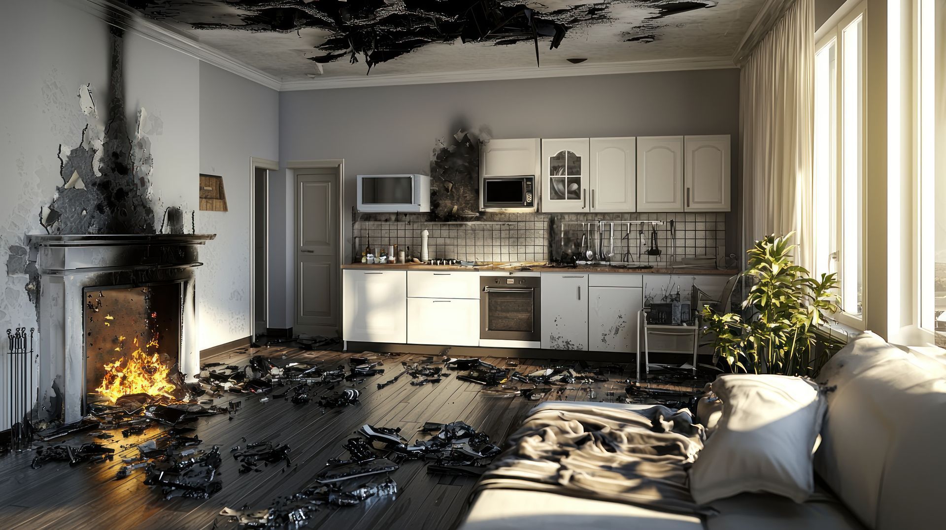 Un appartement endommagé après un incendie.