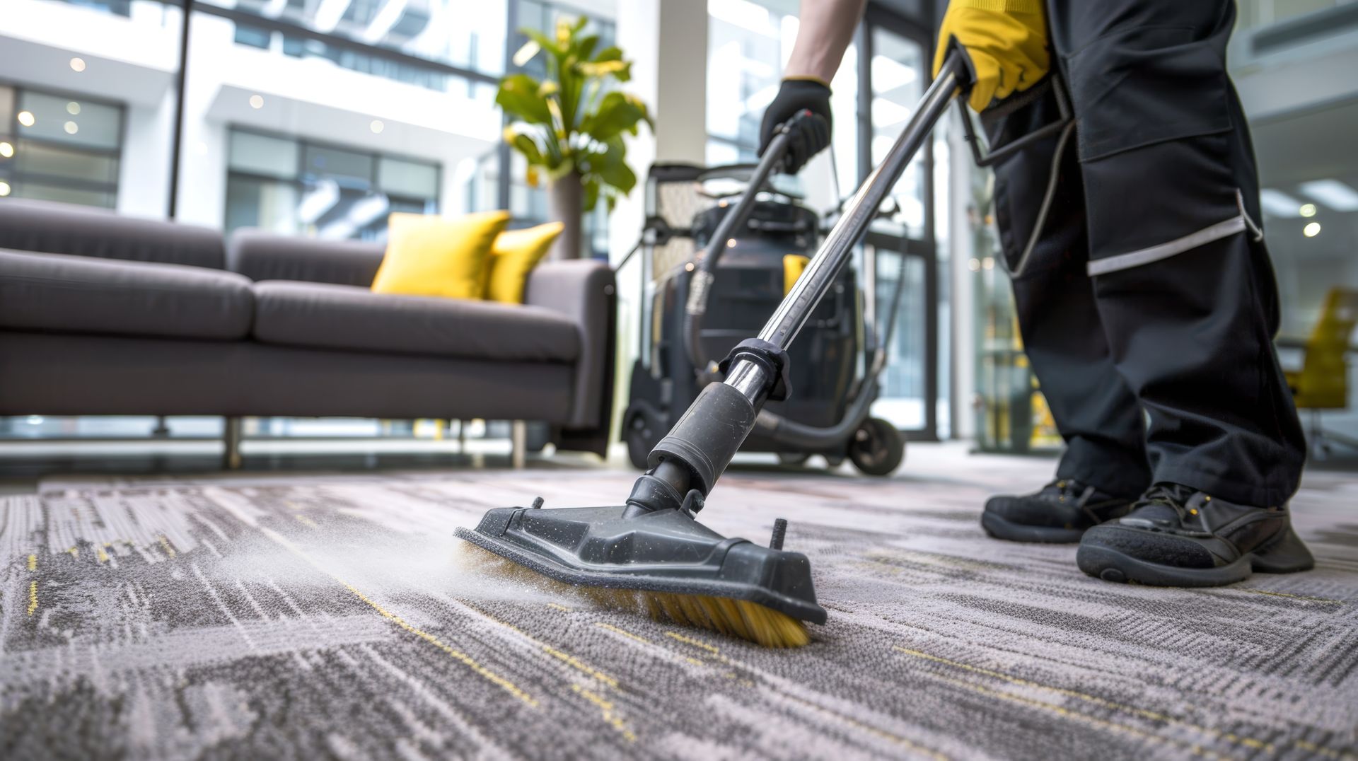 Une personne qui passe l'aspirateur sur la moquette dans un hall d'entrée.
