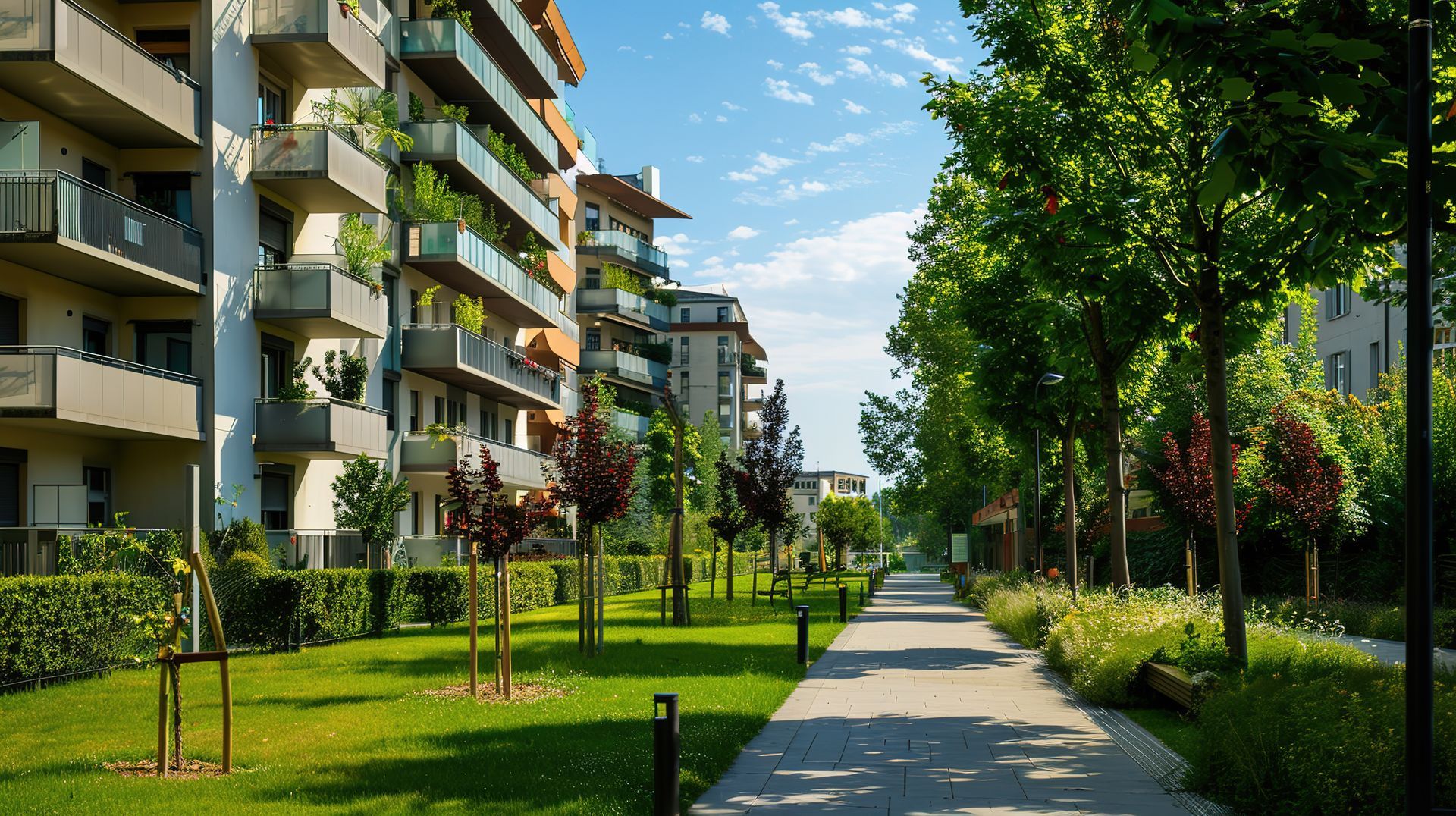 Vue sur un espace vert à côté des immeubles résidentiels.