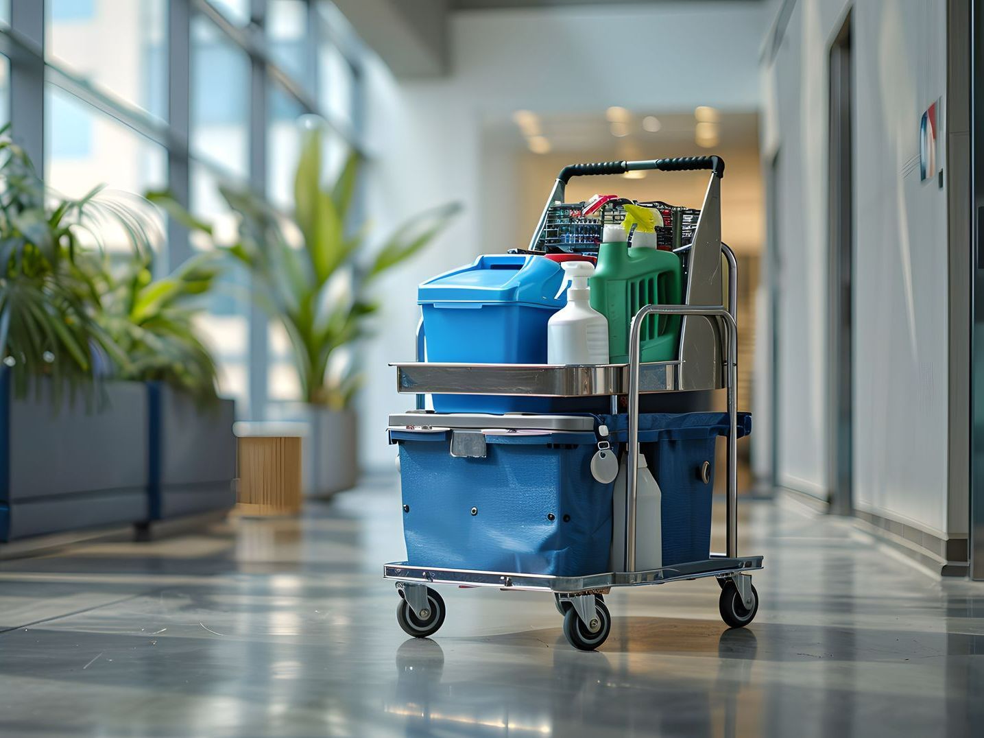 Un chariot avec des outils de nettoyage dans un local professionnel.