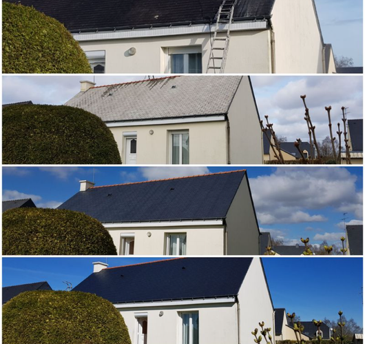 Plusieurs vues d'un toit de maison passant d'un toit gris usé à un toit bleu nouvellement installé.