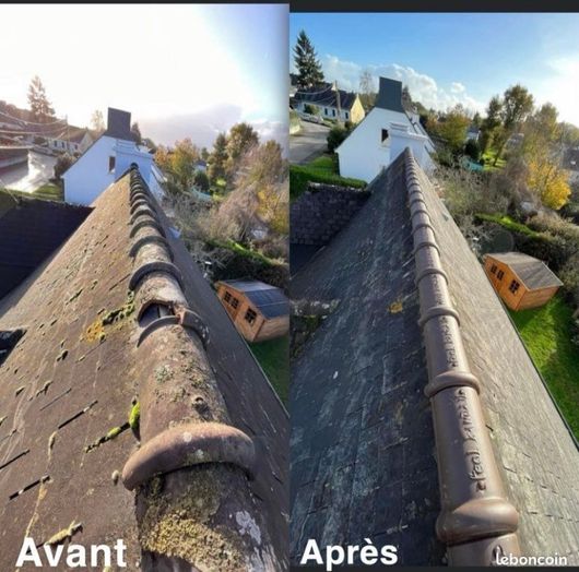 Vue avant et après travaux sur le toit : toit sombre et moussu et cheminée à gauche, toit plus propre et maison à droite.