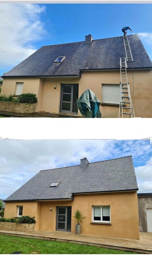 Vue avant et après le nettoyage ou la réparation d'un toit de maison, avec une échelle sur le côté droit.