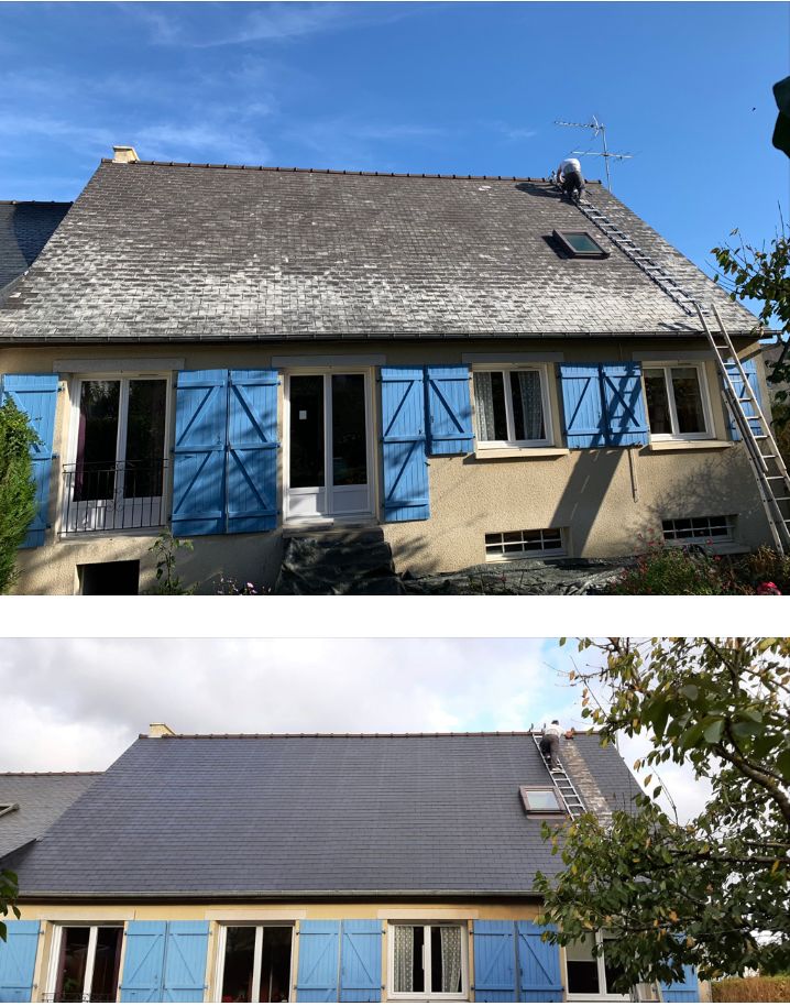 Deux photos d'un toit de maison avant et après réparation, avec de nouveaux bardeaux gris remplaçant l'ancien toit abîmé par les intempéries.