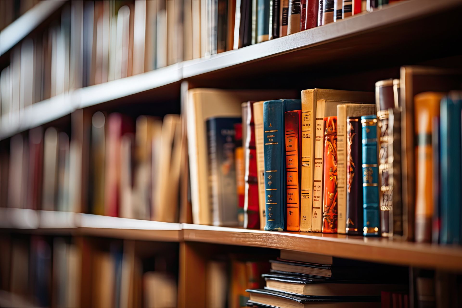 Estanterías repletas de libros variados, con especial atención a los lomos coloridos.