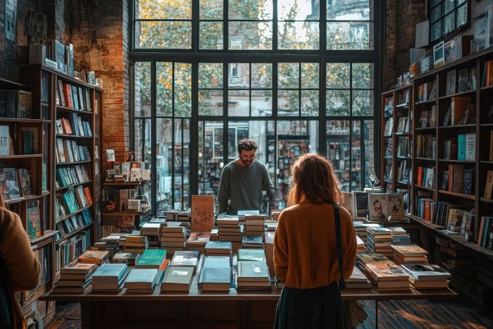 Mujer hojeando libros en una mesa, librería con estantes, hombre detrás del mostrador, ventana grande.