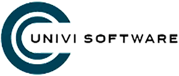 Logotipo de Univ Software. Gráfico en forma de C en color verde azulado con el texto 
