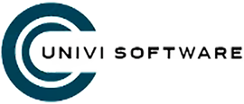 Logotipo de Univ Software. Gráfico en forma de C en color verde azulado con el texto 