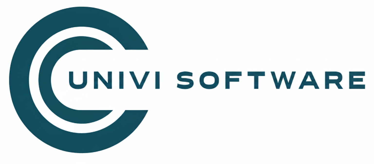 Logotipo de Univ Software. Gráfico en forma de C en color verde azulado con el texto 