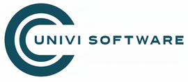 Logotipo de Univ Software. Gráfico en forma de C en color verde azulado con el texto 