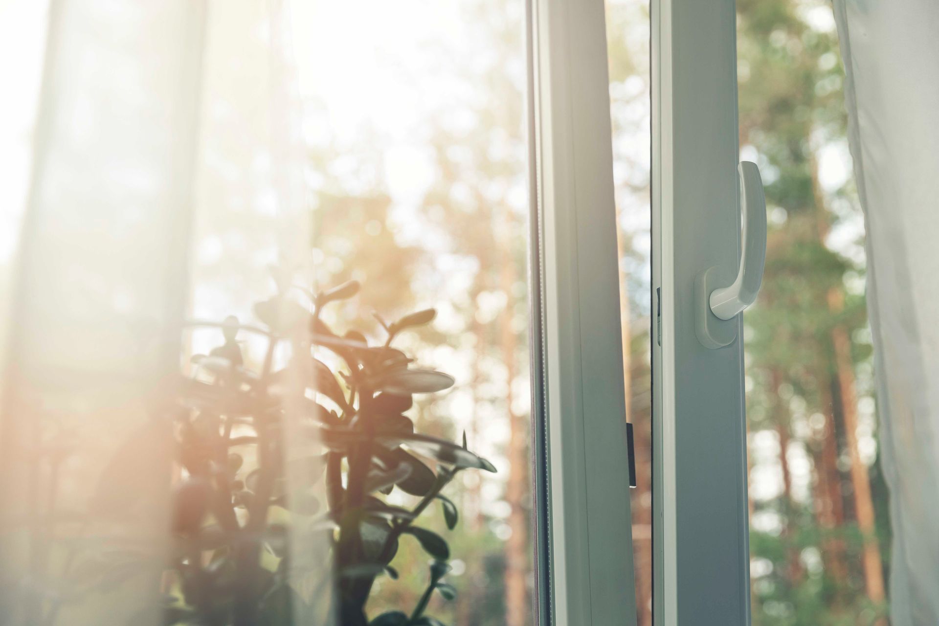 Die Sonne scheint durch die Vorhänge eines offenen Fensters.