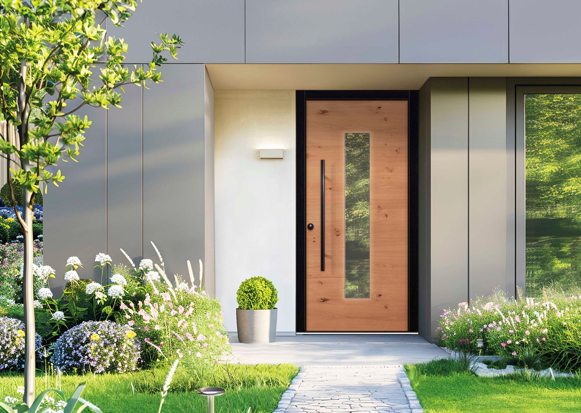 Ein modernes Haus mit einer Holztür und einem Gehweg, der dorthin führt.