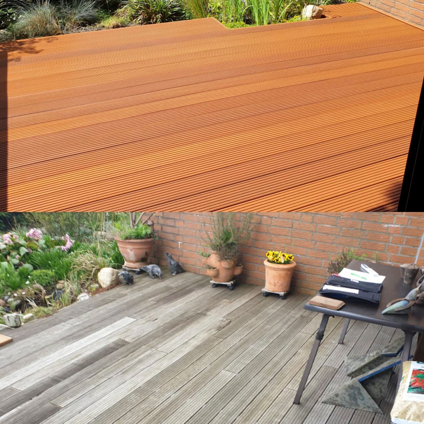 Ein Vorher-Nachher-Bild eines Holzdecks