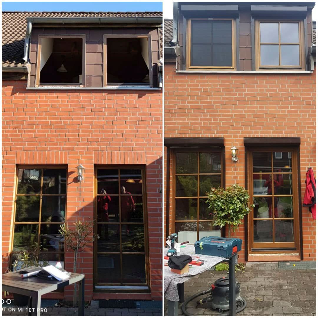 Ein Vorher-Nachher-Foto eines Backsteinhauses