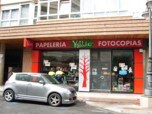 Un coche está aparcado delante de una tienda llamada papeleria