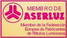 The logo for miembro de aserluz miembro de la federación europea de fabricantes de rótulos luminosos.