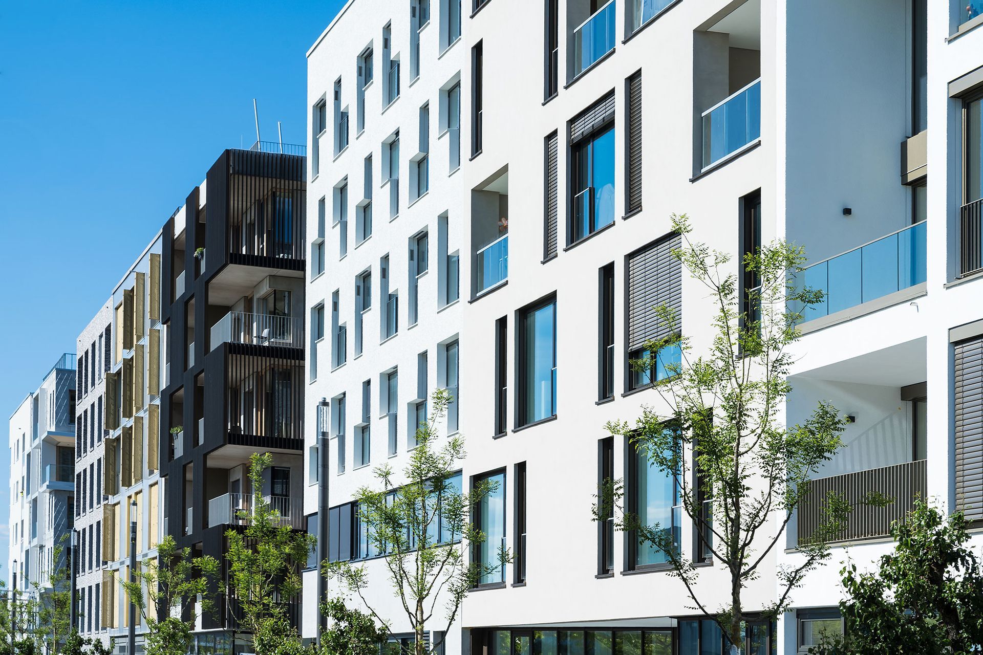 Moderne Wohnhäuser, weiße und dunkelbraune Fassaden, Balkone, klarer blauer Himmel.