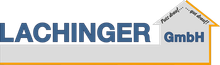 Logo der Lachinger GmbH, blauer Text auf weiß/gelbem Hintergrund, mit illustrierter Hausform.