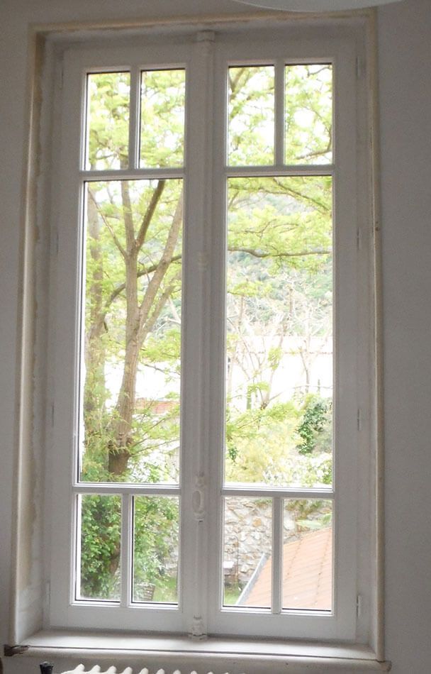 Fenêtre à cadre blanc donnant sur des arbres verdoyants et un jardin extérieur
