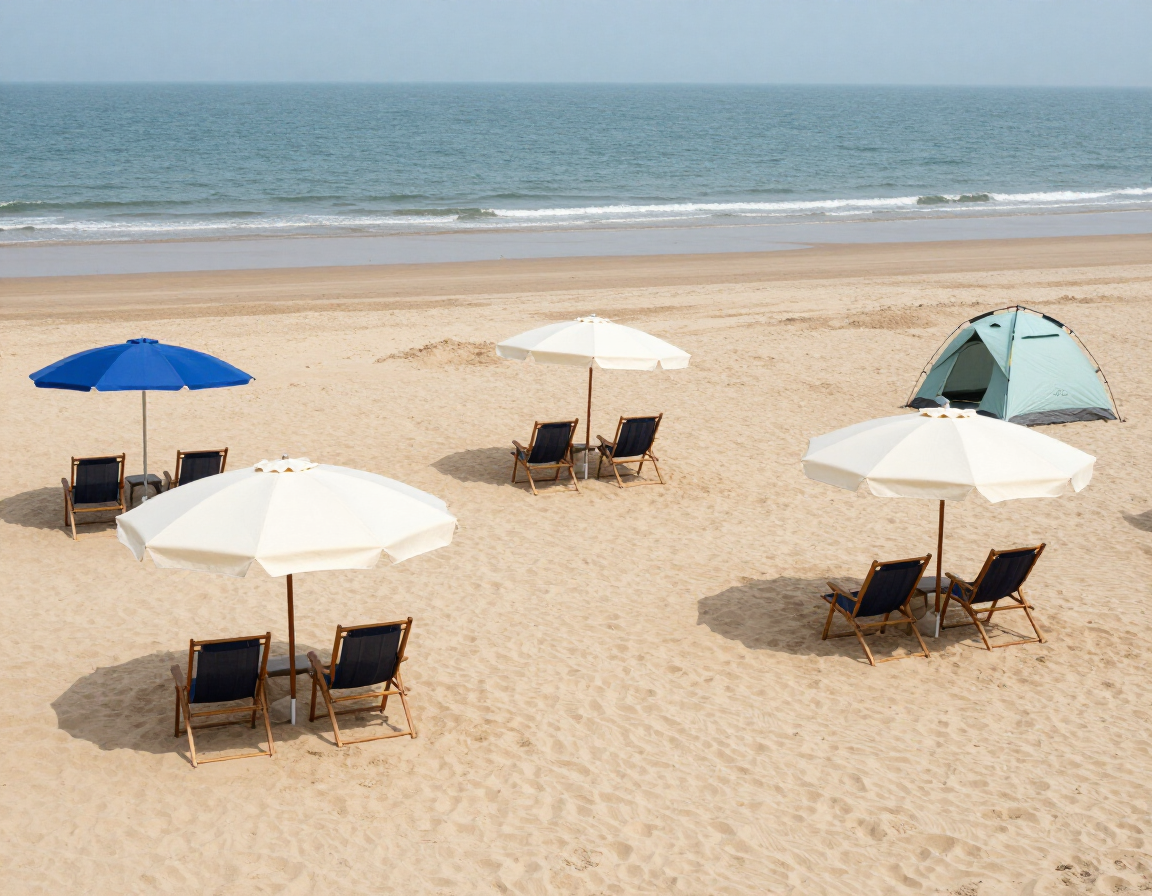 Beach chair, umbrella and tent setup