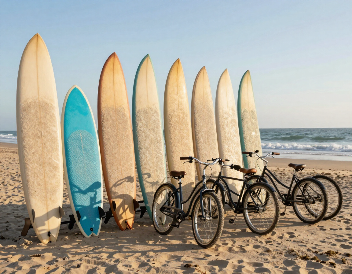 Surfboards, boogie boards and beach cruisers