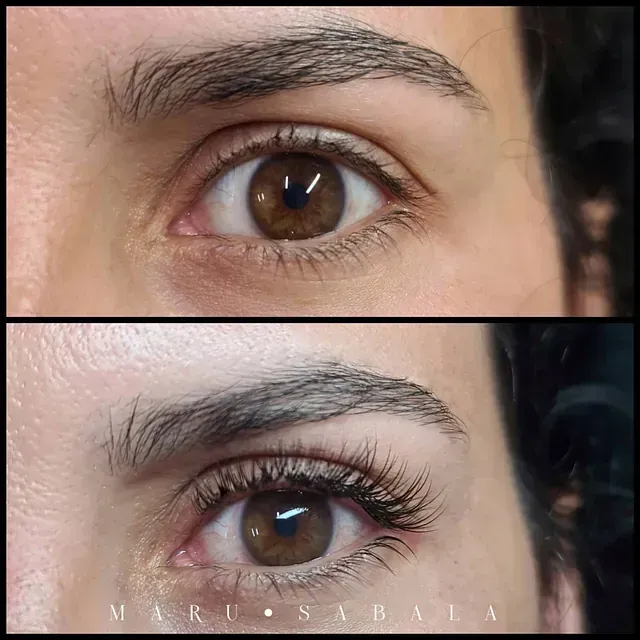 Una foto de antes y después de las pestañas de una mujer.