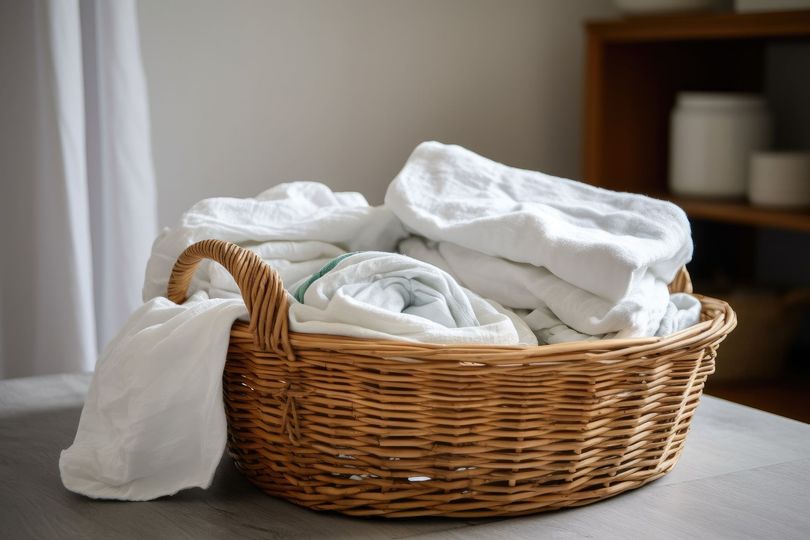 Cesta de mimbre llena de ropa blanca sobre una superficie gris, con un fondo borroso de un estante y una cortina blanca.