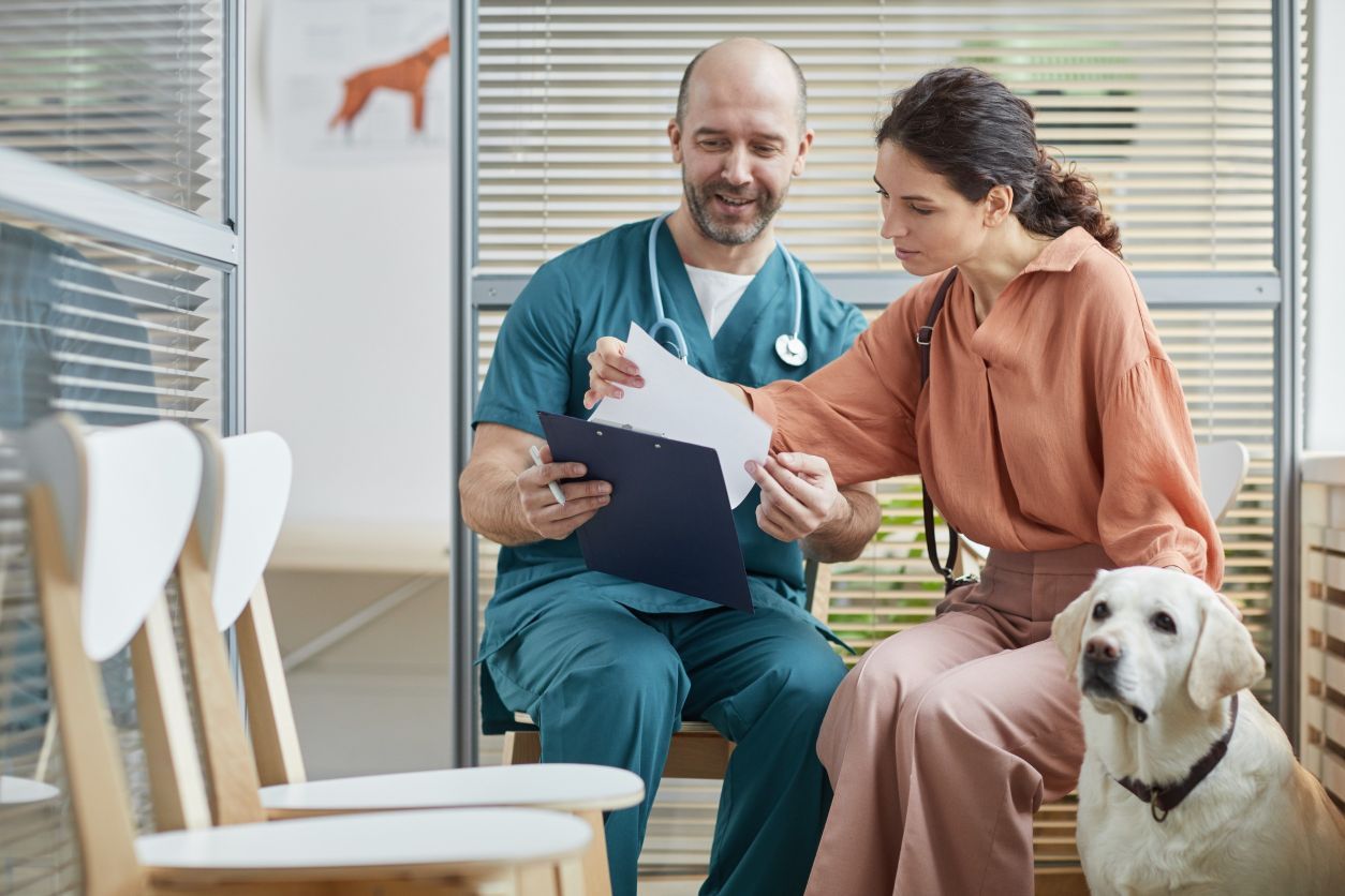 Una mujer está sentada junto a un perro y habla con un veterinario.