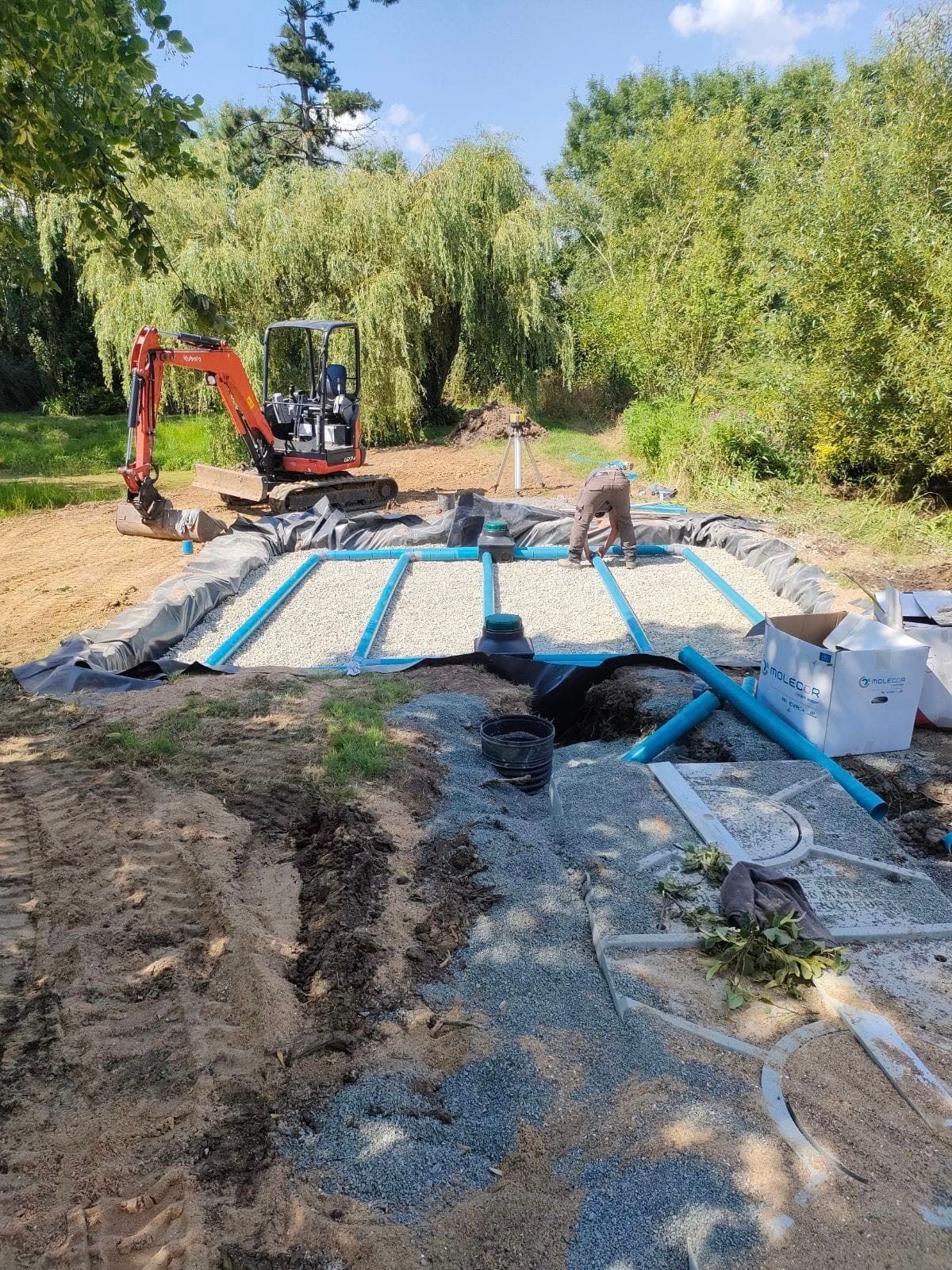Chantier de construction avec installation d'une mini-pelle et d'un lit de gravier, en extérieur.