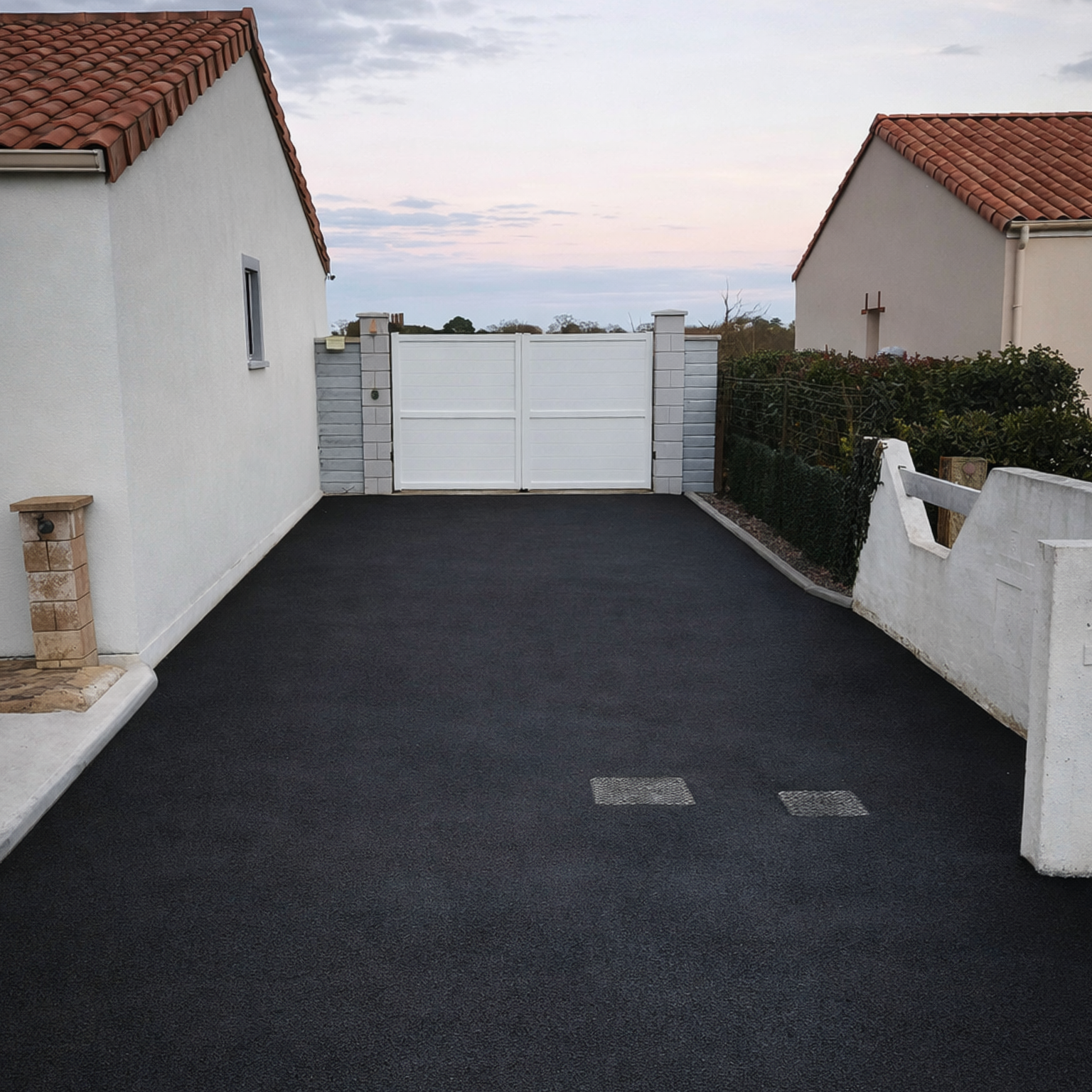 Allée asphaltée entre deux bâtiments blancs aux toits de tuiles rouges.