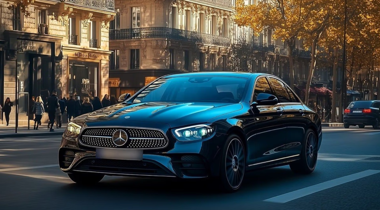 Berline Mercedes-Benz noire roulant dans une rue de la ville avec des bâtiments, des personnes et des arbres d'automne.