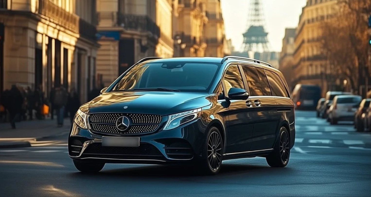 Minivan Mercedes bleu foncé garé dans une rue de la ville avec la tour Eiffel en arrière-plan.