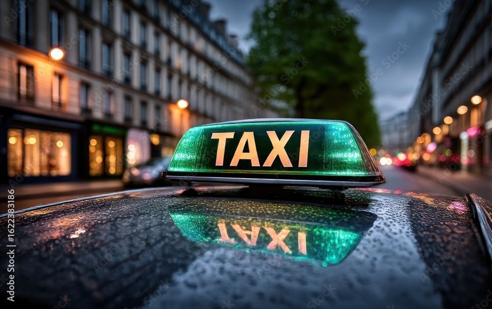 Panneau de taxi vert sur une voiture, se reflétant sur le capot mouillé. Rue en arrière-plan.