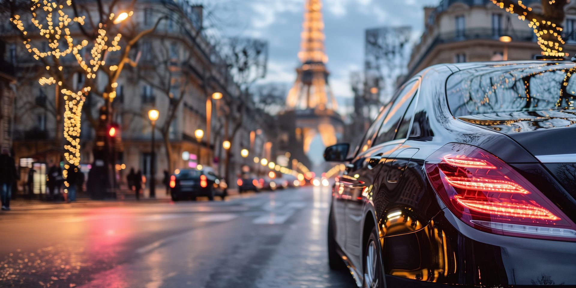 Voiture noire dans une rue mouillée à Paris, avec la Tour Eiffel en arrière-plan et des arbres illuminés.