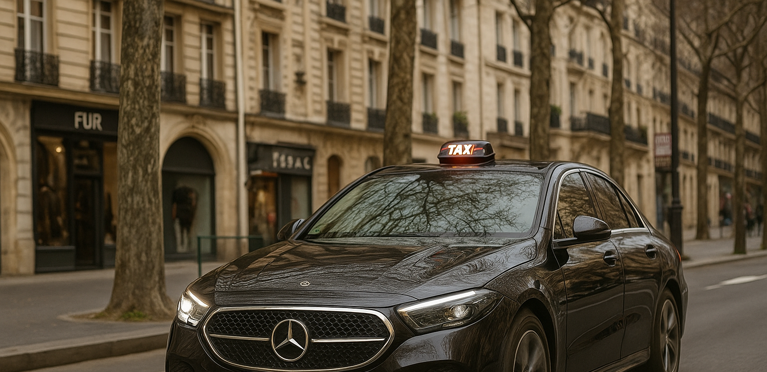 Berline Mercedes-Benz noire roulant dans une rue de la ville avec des bâtiments, des personnes et des arbres d'automne.