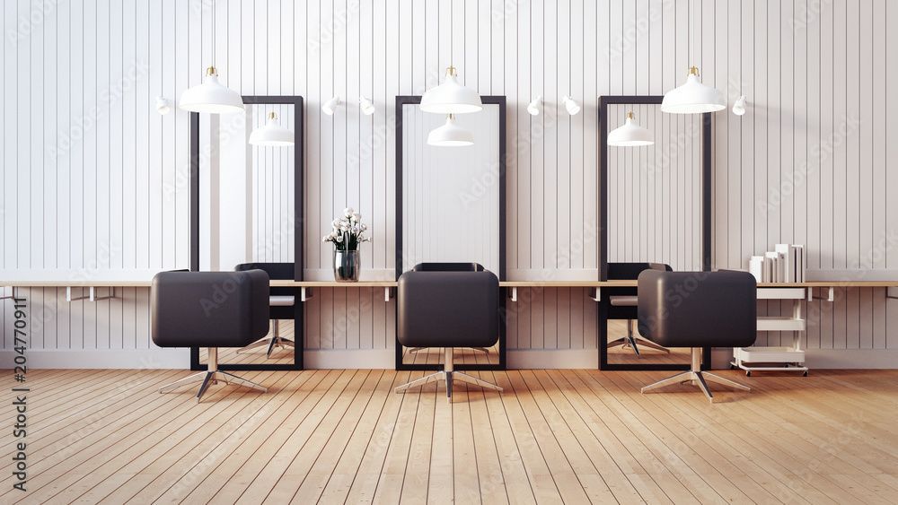 Moderner Friseursalon mit drei schwarzen Stühlen, Spiegeln, Waschbecken und hellem Holzboden vor einer gestreiften Wand.
