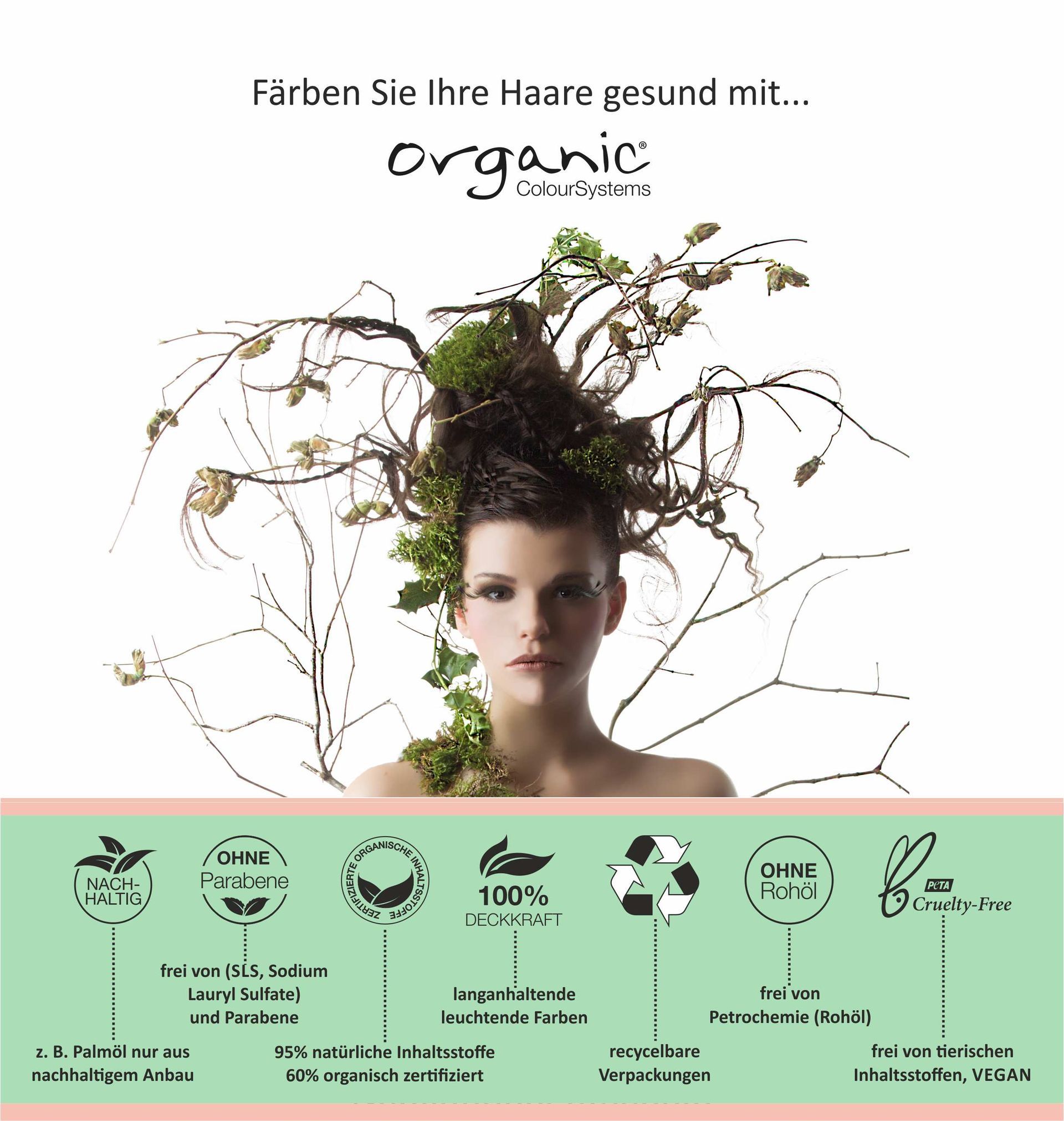 Frau mit blättrigem Haar in einer Anzeige für Bio-Haarfarbe, mit deutschem Text und grünen Produktsymbolen.