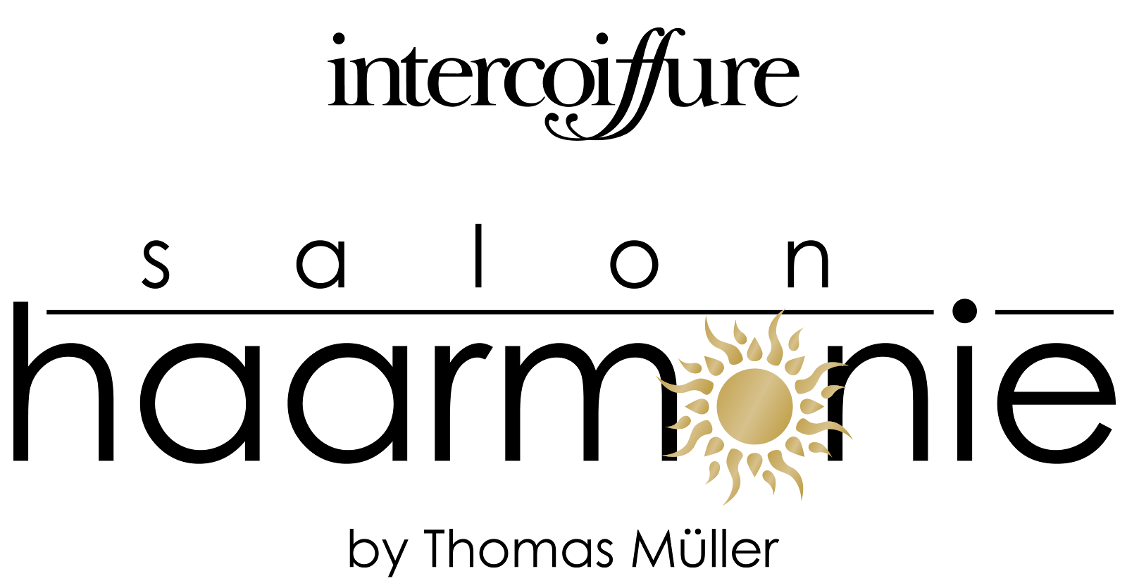 Logo für den Intercoiffure Salon Harmonie von Thomas Müller, schwarze Schrift mit goldenem Sonnenstrahlen-Akzent