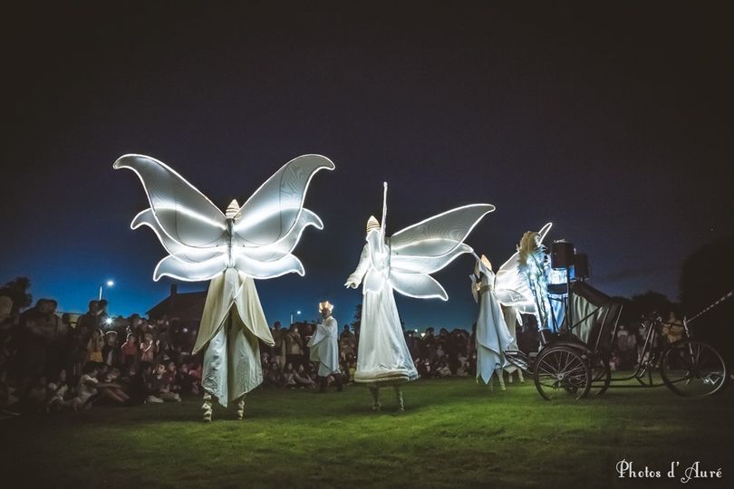 Hommes avec des déguisements fabuleux qui défilent