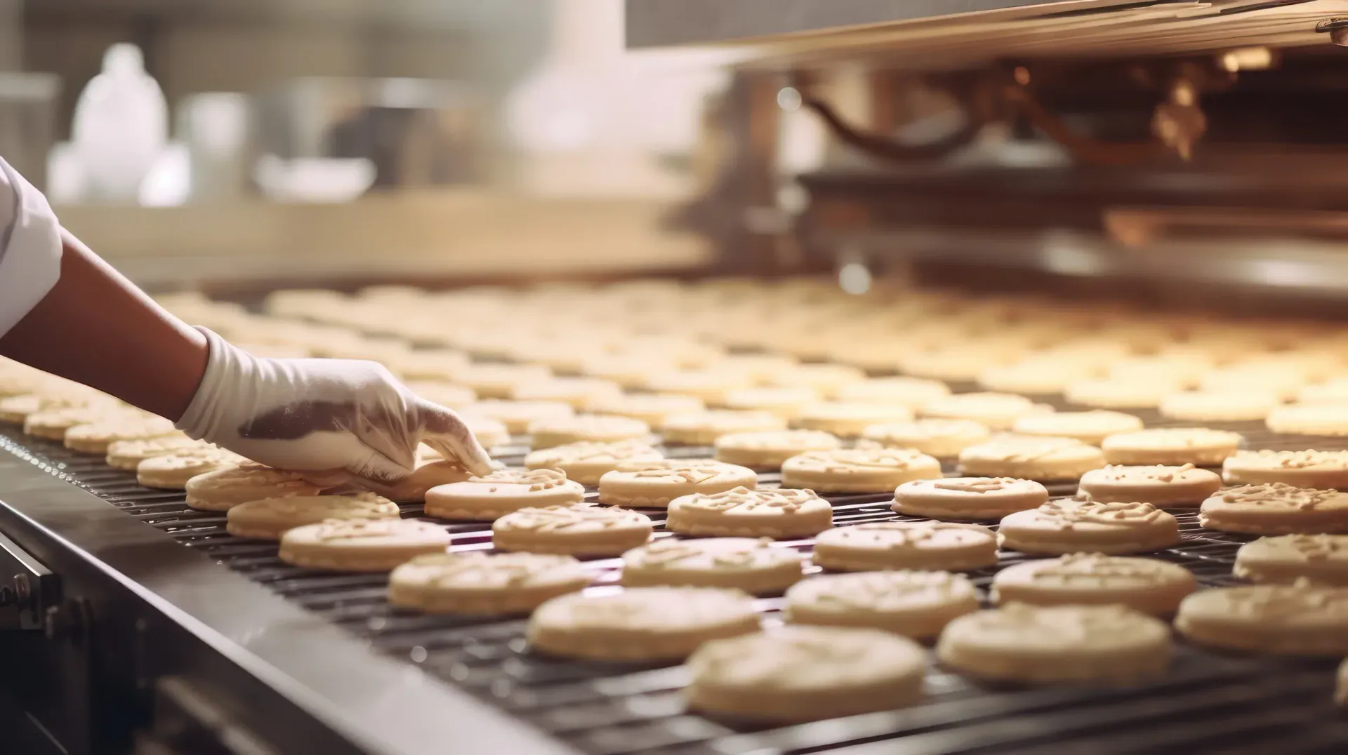 Una persona está colocando galletas en una cinta transportadora en una panadería.