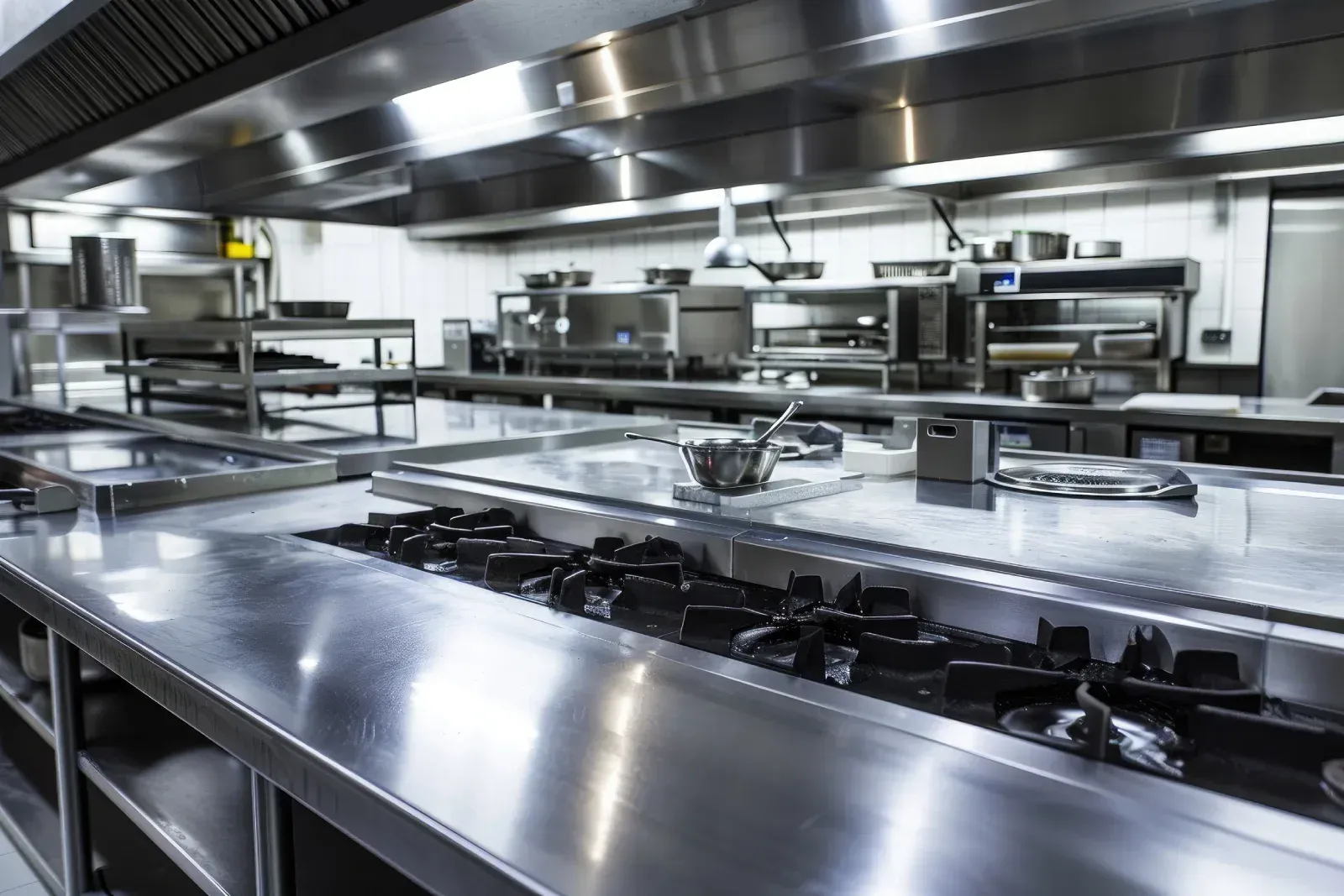 Una gran cocina comercial con electrodomésticos y encimeras de acero inoxidable.