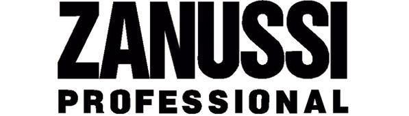 Un logotipo en blanco y negro para Zanussi Professional sobre un fondo blanco.
