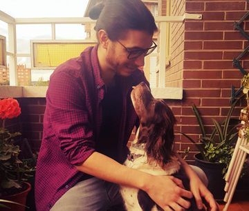 Un hombre acaricia a un perro marrón y blanco en un balcón de ladrillo. El perro mira hacia arriba, feliz.