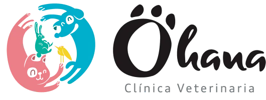 Logotipo de la clínica veterinaria "Ohana": huella de pata, nombre y animales (gato, perro, pájaro, conejo) en un círculo.